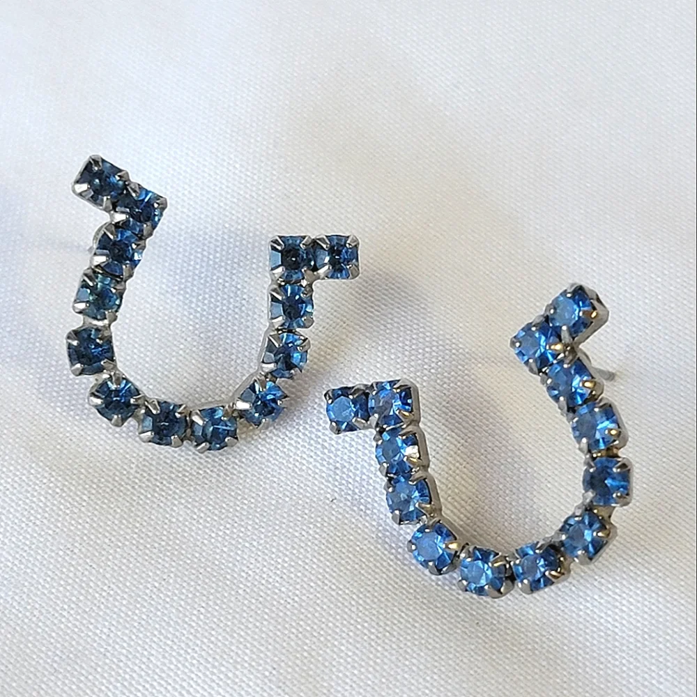 Rhinestone Horseshoe Earrings Sapphire Blue Color